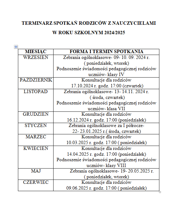 Terminarz spotkań nauczycieli z rodzicami