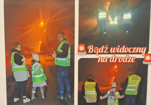Kolaż zdjęć nagrodzony I miejscem- rodzice oraz dziecko w kamizelkach odblaskowych po zmroku na drodze