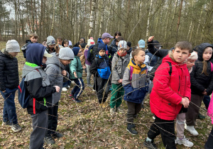 Uczniowie klasy IIIa na spacerze w lesie.