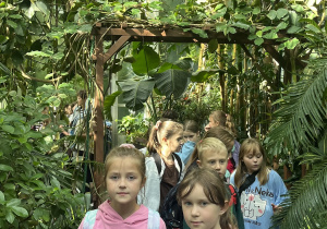 Uczniowie klas trzecich spacerują po palmiarni.