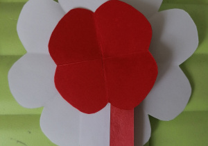 Biało- czerwony kwiat wykonany przez ucznia klasy IIb