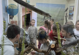 Uczniowie oglądają wystawy w muzeum.