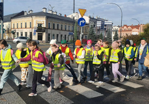Uczniowie klasy IIa przechodzą przez przejście dla pieszych w kamizelkach odblaskowych.