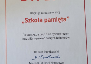 Dyplom za udział w akcji " Szkoła pamięta"