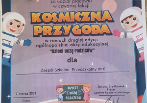 Podziękowanie za udział w lekcji " Kosmiczna przygoda"