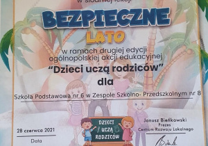 Podziękowanie za udział w lekcji " Bezpieczne lato"