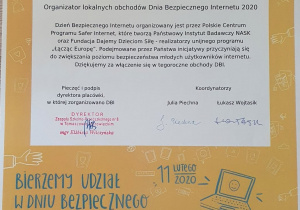 Zaświadczenie przeprowadzenia obchodów Dnia Bezpiecznego Internetu