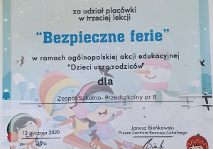 Podziękowanie za udział w lekcji " Bezpieczne ferie"