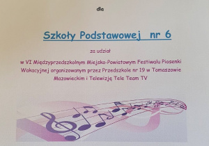 Podziękowanie za udział w VI Międzyprzedszkolnym Festiwalu Piosenki Wakacyjnej